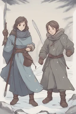 DnD style, two medieval peasant kids playing in the snow male and female, age 14 and 15, happy and playful, he has a short sword.