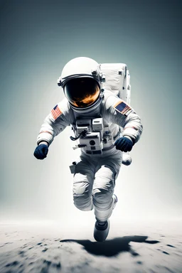 Front key view of an astronaut running away franticly