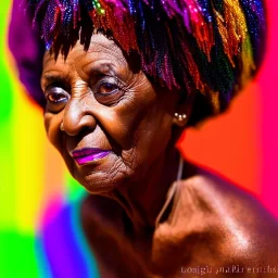 masterpiece, best quality, old woman, dark skinned, sparkling eyes, fluorescent skin, colorful makeup, afro, head shot, highly detailed body, sun light, 4K, RAW, depth of field, high contrast, realistic details, 24mm