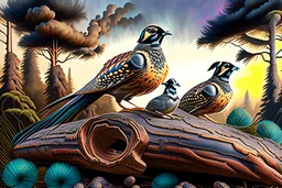 stunningly detailed 3D render illustration of a California quail family, with the male and female quail displaying exquisite, intricate plumage as they tenderly guide their young. They stroll gracefully near an ancient log, surrounded by a lush forest edge and a breathtaking sky filled with vibrant, dramatic clouds. The artwork masterfully captures the essence of nature, reminiscent of renowned artists such as Robert Bateman, Carl Brenders, Flo'n Images, and Nancy Kaestner Hendry. Cinematic typo