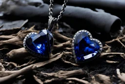 photo of a wonderful sapphire blue heart diamond necklace underwater the sea in front of the wreckage of the sinking ship, submerged down the very dark ocean. The jewel shines brightly in a beam of strong volumetric light from above is surrounded by falling debris of wood, metal, glass objects, sharp contrast between the shiny necklace in light and the dark, black sea in background. dramatic effect, cinematic, masterpiece