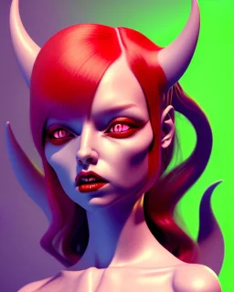 isometric clean art of a cute demon Succubus girl with red hair and green eyes and black horns, soft lighting, soft pastel gradients, high definition, 3d icon clay render, blender 3d