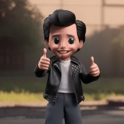 wide view young Fonz with black hair greaser figure doll 1 (thumbs-up) (face) Forehead grin, fonzarelli, ((arnold's drive-in)) fonzie