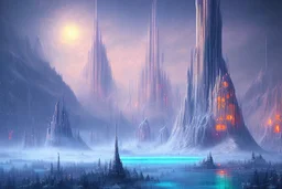 Science fiction city near frozen lake, impressionism painting