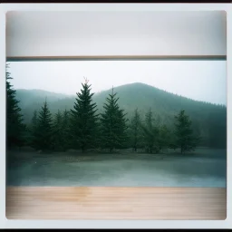 A polaroid photo of an odd room. There is a group of fir trees in the background and a high hill in the distance. A lake. The surface below is in a pastel color. Fog is present.