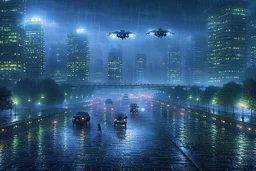 A city that's at night and it's raining and it's foggy and it's flying cars and it's in the future.
