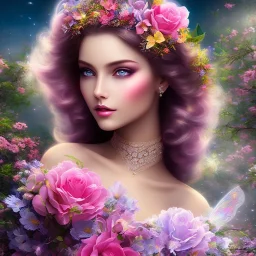 bright fairy, beautiful portrait, flowery landscape