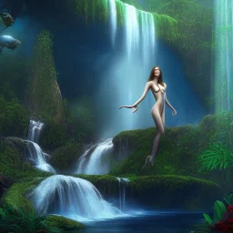 3d woman under waterfall, wet , realistic, 32k, detailed