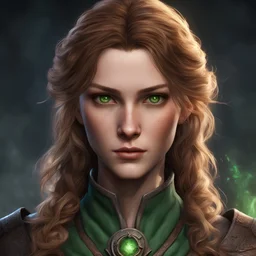 face portrait of a baldur's gate 3 female character. she has a beautiful face. she has a youthful face. she has a small, plump mouth. she has long, wavy, light brown hair. she is a sorcerer. she is human. she has green eyes. she has some freckles.