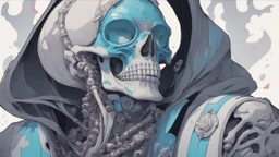 a close up of a person with a skull on their head, blue and black colors, anime skull portrait man, scary detailed art in color, hiroyuki-mitsume takahashi, nychos art aesthetic, half man half skeleton, anime cyberpunk art, colored manga art, rossdraws pastel vibrant, hot colors. insanely detailed, beautiful anime portrait, stunning anime face portrait, scary art in color