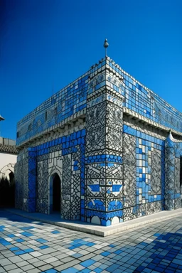 A pale sky blue electrical plasmatic fortress designed in ancient Roman mosaics painted by MC Escher