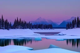 Night, Moon, distant mountains, pine trees, lagoon, lagoon reflections, winter, ice, snowy land