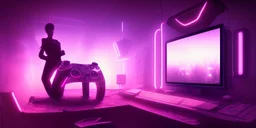 large bedroom. dark mirror cyberpunk style .neon lights. big tv. gaming console