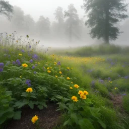 As the mist thickens, obscuring the eerie clearing. Here, the air is heavy with the sweet scent of wildflowers and the soft hum of slumbering bumblebees fills the silence. The bumblebees, normally buzzing with frenetic energy, lie still in their slumber, their fuzzy bodies a stark contrast to the eerie stillness of the clearing.The ground is carpeted with vibrant blooms, their colors muted in the dim light, creating a surreal and ethereal atmosphere.