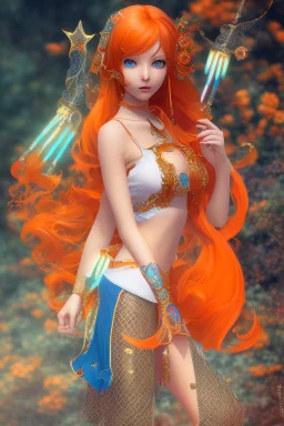 Full body of beautiful girl nami, Hair Color: Orange, Style: Wavy, Outfit Top: Blue, Outfit Bottom: Orange, Shoes: Brown, Accessories: Tangerine, Weapon: Clima-Tact, Hat: Straw, Tattoo: Pinwheel, Earrings: Hoops, sophisticated,, beautiful woman, hyper realistic, hyperrealism, photoreal, realistic, photorealistic, soft pastels, full-body, standing, long shot, wide angle, aesthetic