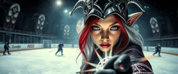 close up portrait of shiny ice priestess dark dwarf swifnerblin grim reaper babe with lavender eyes and red and silver hair, and with magical aura hockey staff, pin hole cam, master oil painting by Rembrandt, d&d glam rock and glitter vampire gremlin illithid and lich playing hockey in ice skating hall or church, in the style of giger and escher, sci fi with floating little saucers