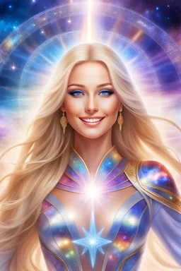 cosmic woman smile,beautiful ufos rainbow, admiral from the future, galactic confédération, fine whole face, crystalline skin, expressive blue eyes,rainbow, smiling lips, very nice smile, costume pleiadian, Beautiful tall woman pleiadian Galactic commander, ship, perfect datailed golden galactic suit, high rank, long blond hair, hand whit five perfect detailed finger, amazing big blue eyes, smilling mouth, high drfinition lips, cosmic happiness, bright colors, blue, pink, gold, jewels, realist,