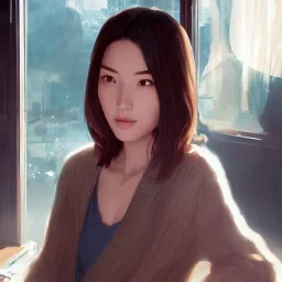 8k 4d photo realistic Highly detailed portrait of stunningly beautiful woman, sitting inside a cozy cafe, Atey Ghailan, by Loish, by Bryan Lee O'Malley, by Cliff Chiang, by Greg Rutkowski, inspired by image comics, potrait illustration,