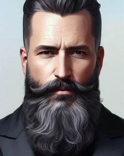 "MIddle aged white human male, with a trimmed but uneven beard, piercing eyes with slick back hair, full-scale head and shoulders portrait, 8k resolution concept art portrait by Greg Rutkowski, Artgerm, WLOP, Alphonse Mucha dynamic lighting hyperdetailed intricately detailed Splash art trending on Artstation triadic colors Unreal Engine 5 volumetric lighting Splash art fantasy"