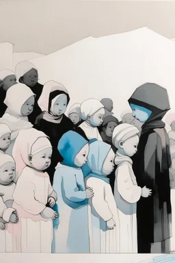 infantilized population; Ink Wash; black and white with baby blue and blush pink