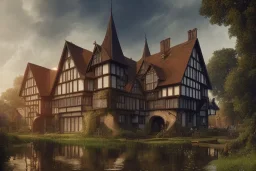 portrait of a tudor manor house on a street, fishpond architecture, highly detailed, blue sky, cinematic lighting, digital art painting by greg rutkowski