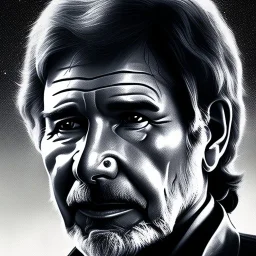 portrait of harrison ford as captain han solo, brown eyes, realistic, rough facial skin, cinematic lighting, photorealistic, volumetric light and shadow, hyper HD, octane render, unreal engine, insanely detailed and intricate, hyper-realistic, space background, colored pencils