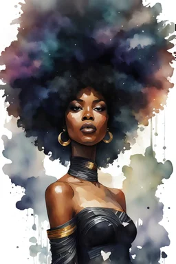 create a Afrofuturism watercolor art style image with exaggerated features, 724k. with a black woman wearing a black off the shoulder blouse, highly detailed afro thats shaped into Africa, white background