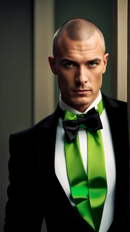 Handsome Alpha Male aged 40. buzz-cut hair, five o clock shadow, wearing a black tuxedo with a green bow tie. Hyperrealistic 4k dark fantasy