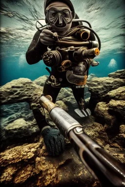 diver like a oldman,with the gun,hi quality detail,hi quality textures,cinematic,realistic,aggressive,cosmic