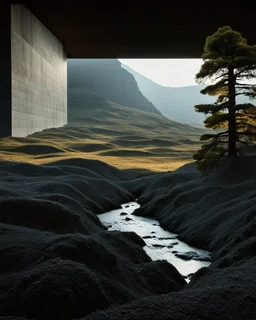 Photograph, NO PEOPLE, a mass of terrain, giant museum space, trees, pillars, high walls, high peak in a room, rag, powder, brook, sediments, deflagration of the background, geological formation, light, architecture, minimalist, details of the terrain very accentuated, 8k, deep 3d field, sharp, brutalist, hasselblad h6d400c --ar 85:128 --v 6.0