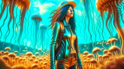 woman with black hair, in brown leather trousers and jacket, walking through Alien mushrooms with jellyfish tentacles in an alien forest, photorealistic, Deep Colour, Intricate Detail, sunshine, blue sky