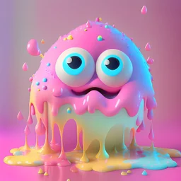 A large blob jelly likecoloured, whimsical dripping, slimy & gooey ((pink blob monster) playful scary, ice cream colourful, 3d render, maya, highly detailed, Z brush, cgi, (Pixar 3D art) jellylike, wobbly texture, big white eyes, fun yet scary, slime ball, smooth, super cute, animated hyper realism, long wobbly arms, funny feet, ((blob)), quirky, funny feet, (pop surrealism), modular constructivism, genetically altered tomato with jello like body, big eyes, smiling, salivating, shiny,