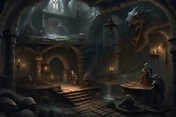 a fantasy dungeon with nightmarish creatures