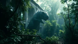 The image features a dramatic scene set in a partially overgrown environment, likely depicting a blend of nature and a derelict building. A large, creature-like figure can be seen, possibly inspired by dinosaur forms, interacting with the surrounding foliage. The lighting suggests a surreal atmosphere, with rays filtering through the trees, enhancing the sense of mystery and decay.