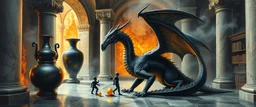 master oil painting by Escher and Giger, glaring vases and black humanoid reflective expressive long clunky obese dragon child and hidden golden dragon inside marble hall library, cryptic eggs, sacred geometry, fire fog and steam border, fire elemental creature, twisted dimensional portal for ice elemetals only