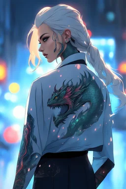 Yakoza girl with neon dragon tattoo in 8k anime realistic drawing style, close picture, rain, intricate details, highly detailed, high details, detailed portrait, masterpiece,ultra detailed, ultra quality