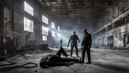 showdown in the old factory, a meeting two criminal gangs in an industrial setting, a long-closed factory, high ceiling, huge metal tanks, hanging chains, dirty objects, dust, in the dim light, broken large glass windows, scary place, background a man lies down , murder, shadows, slanted light, a Eerie place abandoned for many years, thriller-like depiction, dark colors, black, dark blue, gray, metallic colors, sharp focus, detailed image, creepy atmosphere, thriller