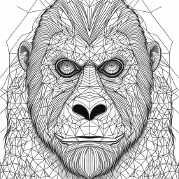 Gorilla, front view, mandala, minimal lines, cartoon, white back ground color, real style, realistic, minimalistic, minimal black line art, line art, crisp line art, unique coloring sheet, outlined, outline, crisp, crisp line edges, illustration, thin lines, crisp clear lines, line art, clean line art, unique, 8k, amazing, masterpiece, no colors, no dark color, no black color, avoid thick black, minimalistic line edges, pure white back ground, image character full fit to page,