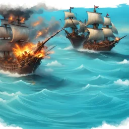 two pirate ships fighting each other at sea. They fire cannons at each other and one ship is hit and burns.