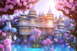 a magical crystal flower lys bougainvillier, blue gold house indian palace castle in the woods, magnolias pink,blue lake,sun,white swanns,pink vertical, blue lake,sharp, vines, candlelit, endor, ornate, elegant, highly detailed, artstation, concept art, smooth, sharp focus, illustration, 8k, splash art, wallpaper, key visual