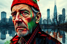 an improbable gop:jux versus an arafed overdrive, acrylic and ink, abstract digital art featuring a double portrait close-up of a middle-aged man wearing arafed hat, layered with vibrant reds, greens, and blues, facial expression are contemplative, with his features partially distorted by digital manipulation, and background shows Brutalist downtown skyscrapers and bare trees reflected in a calm water surface, great reflections, amazing verticals, splendid parallels, pursuit dynamics, double