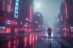 3D, beautiful, light reflecting, empty future city at night, rainy night, neon, cyberpunk, tron, person with helmet walking