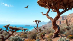 Create a surreal and otherworldly depiction of Socotra Island's unique ecosystem: Foreground: Gnarled and twisted dragon blood trees with umbrella-shaped canopies Mid-ground: Bulbous bottle trees and spiky desert roses dotting the landscape Background: Craggy limestone cliffs and plateaus rising from a turquoise sea Strange endemic insects crawling on tree bark Wisps of mist curling around tree branches Hints of ancient cave dwellings in distant cliffs A lone Socotran cormorant soaring overhead