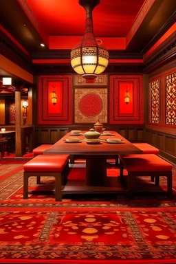 An orangish red Japanese hibachi restaurant designed in Moroccan rug art painted by Giovanni Battista Sassi