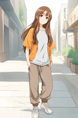 attractive anime woman with brown long hair, t-shirt and sweatpants, full body in frame,