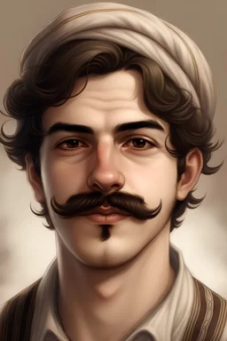 Draw for me a young man with a thick mustache, at the age of 23, with beautiful Arab features