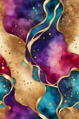 abstract golden glitter, dark royal Red, purple and turquoise watercolors with golden outlines