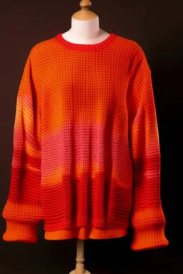 Man's large and long red orange beige and fuxia knitted Poliedric jumper and bell shape sleeves