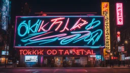 a billboard branded writing Odk Tokusentai , with neon light, in the city center, at night . in Montréal