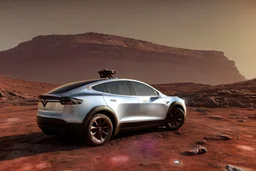 A Tesla 'Model Y' is parked, at the Cydonia region on Mars. (CINEMATIC, WIDE ANGLE LENS, PHOTO REAL)